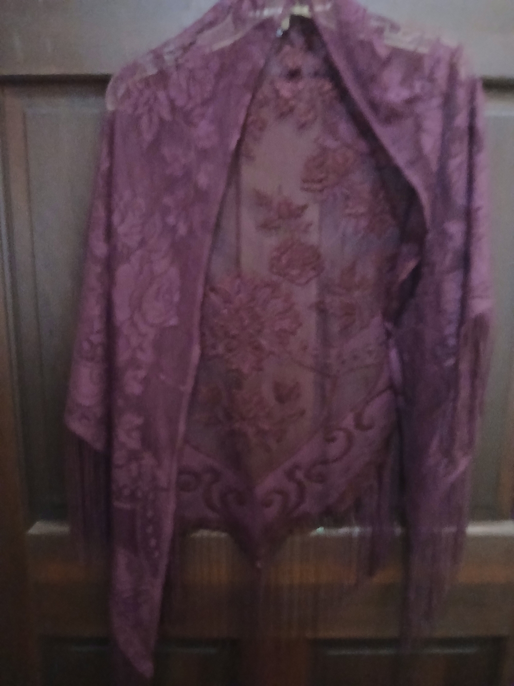 Sheer Floral Lace Shawl in Deep Burgundy With Fringe - Picture 2 of 4